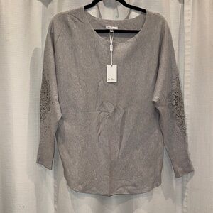 Gray Silver 3/4 Sleeve Sweater Blouse with Rhinestone & Cutout Detail